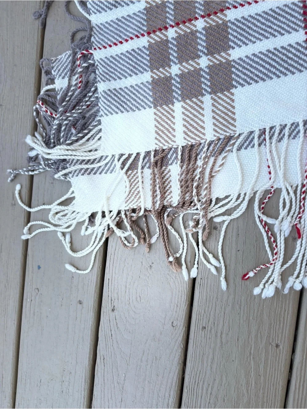 NWOT Unisex Plaid Fringe Scarf - Cream/Brown/Burgundy & Gray, Size: 72” x 10”
